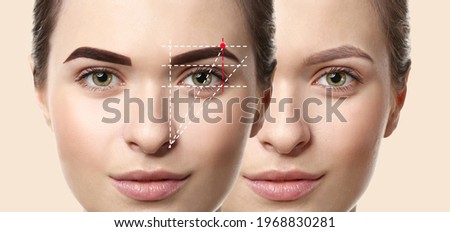 Young woman before and after eyebrow correction on light background, closeup