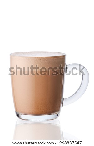 Cup of hot cocoa drink in transparent glass isolated on white background Royalty-Free Stock Photo #1968837547