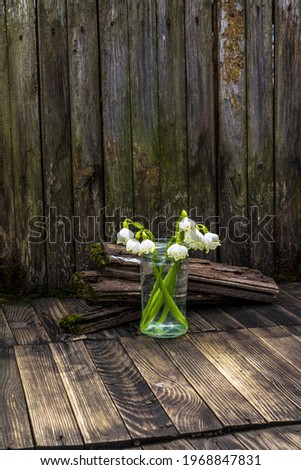 A bouquet of miniature white flowers with yellow dots on the petals in a glass vase on a vintage wooden background. planks covered with moss lie nearby. Free space for text. Gardening. Selection.