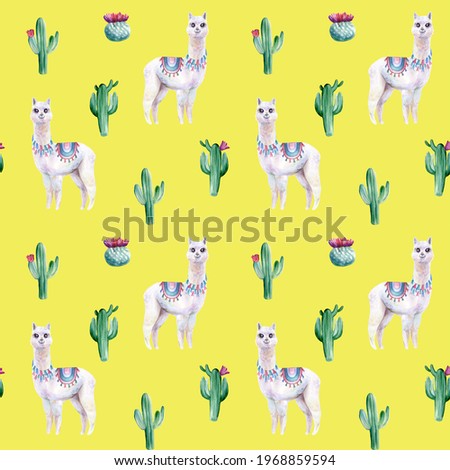 Watercolor hand painted seamless pattern with alpaca and cactuses on yellow
 background. Cute design for textile, wrapping paper or children’s goods.