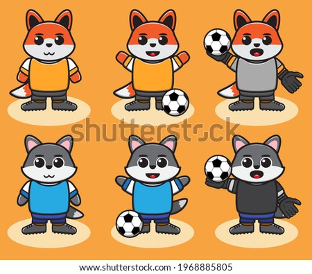 Vector illustration of cute Wolf with Football cartoon set. Cute Wolf expression character design bundle. Good for icon, logo, label, sticker, clipart.