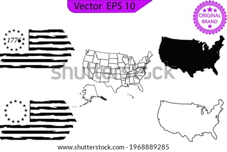 USA flag and map. Distressed American flag. Clip art, Betsy Ross 1776 13 Stars flag set, military patriot American flag set. Transparent  background. Only commercial use. 	