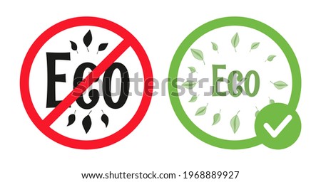 Allowed and forbidden eco signs vector flat illustration isolated on white background. Ecological permit. Recycle eco icons in crossed out red circle and in green circle. Eco life, zero waste concept.