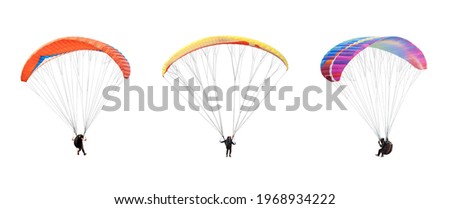 collection Bright colorful parachute on white background, isolated. Concept of extreme sport, taking adventure challenge. Royalty-Free Stock Photo #1968934222