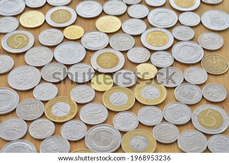 Polish zloty coins on a background with a wood texture in a photographic close-up.