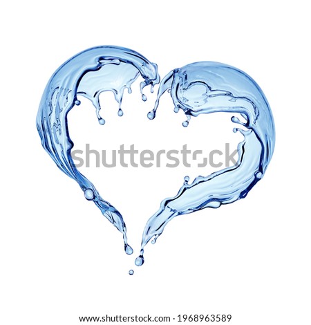3d render. Melting heart shape water splash. Splashing blue liquid clip art isolated on white background