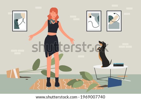 Pet dog education vector illustration. Cartoon of overwhelmed pet owner young woman character upset by bad dachshund dog behavior and mess, playful naughty doggy and messy home room interior background