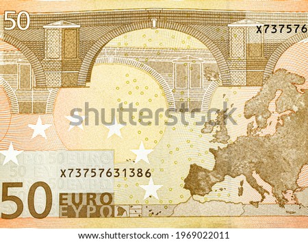 Backside of fifty euro banknote, close up photo