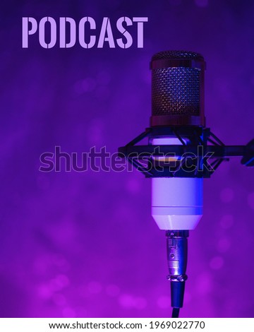 Microphone on neon background, podcast banner concept
