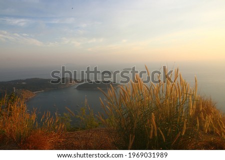 Landscape of beautiful sunset down to the sea seeing on the hill with island and clouds views and a bunch of grass flowers foreground at Black Rock View Point, Phuket, Thailand