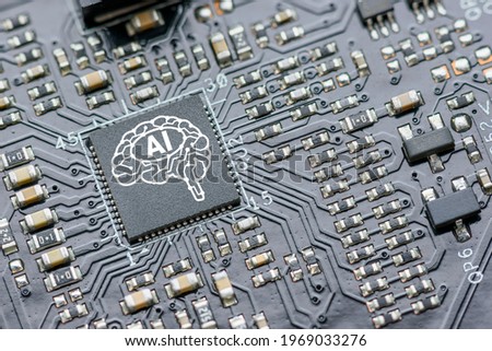 Processor for AI acceleration, CPU Central processing Unit or GPU microchip on a motherboard. AI-focused hardware and software is upgraded in mobile processor and smart device to imitate human brain Royalty-Free Stock Photo #1969033276