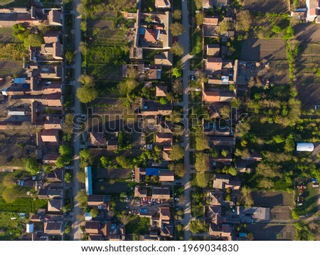 Houses and yards in the village. Aerial photography.