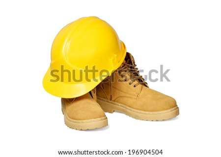 Protection helmet and boots isolated over white with clipping path.