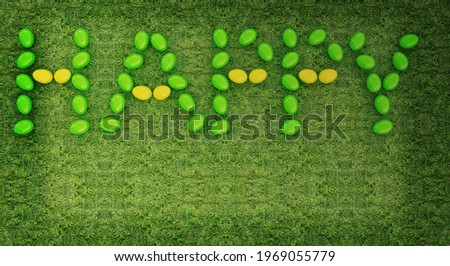 Easter eggs as a "Happy Easter" greeting on a green grass toned background. 3d render