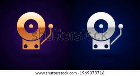 Gold and silver Ringing alarm bell icon isolated on black background. Fire alarm system. Service bell, handbell sign, notification symbol.  Vector