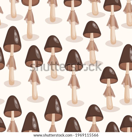 Seamless pattern with mushrooms on white background. Cute fairy mushroom. Modern vector illustration for packaging, banner, card, fabric, other design. Food concept.