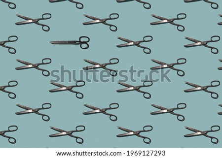 Seamless colorful pattern of Sewing Scissors on blue color background. Seamless Pattern. Hard shadows seamless texture