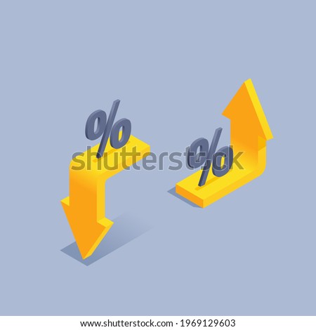 isometric vector illustration on gray background, decrease and increase interest, yellow up and down arrows with percentage icon Royalty-Free Stock Photo #1969129603