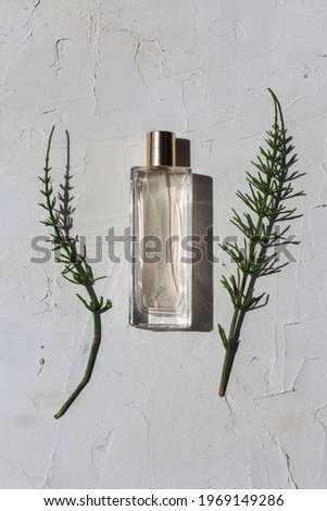 Minimalistic design for perfume advertising. A clear glass bottle of perfume on a white background with two green leaves. 