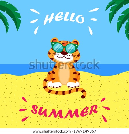 Vector summer illustration of cartoon tiger in sunglasses on the sea beach under palm trees. Bright kids banner hello summer.