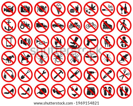 Forbidden signs pack. Vector icons prohibiting some actions and setting restrictions on dangerous activities. No smoking, drinking, eating, no drugs, transport restrictions, forbidden of beachwear.