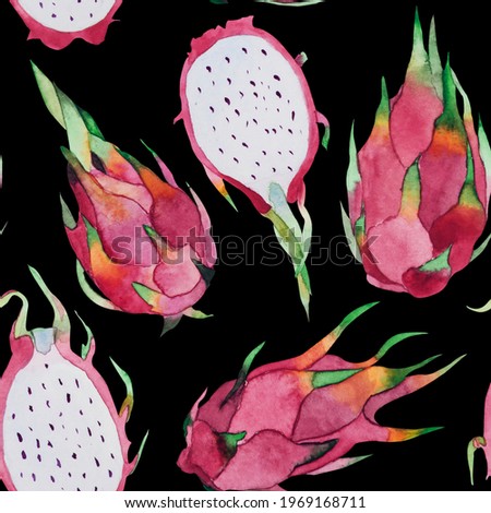 Watercolor illustration with dragon fruits. Seamless pattern on a black background.