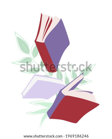 Boks flying object. Vector minimalist color icon of book with leaves for a library. Education poster, flyer, advertising. Knowledge web design promotion. Literature cover round element