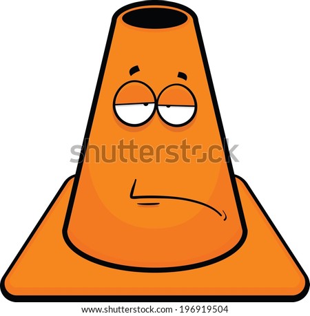 Cartoon illustration of a traffic cone with a tired expression. 