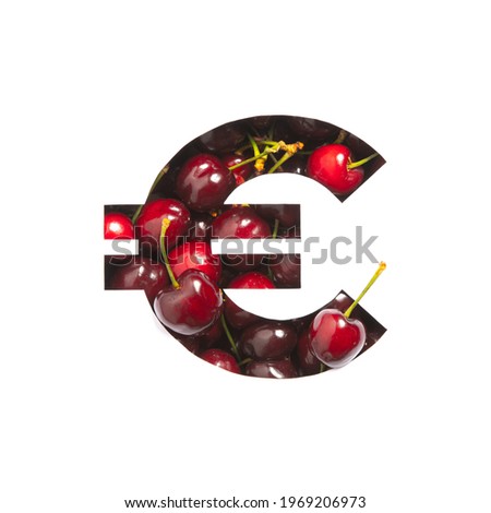 Euros money sign made of natural cherries and cut paper isolated on white. Berries typeface for organic food market
