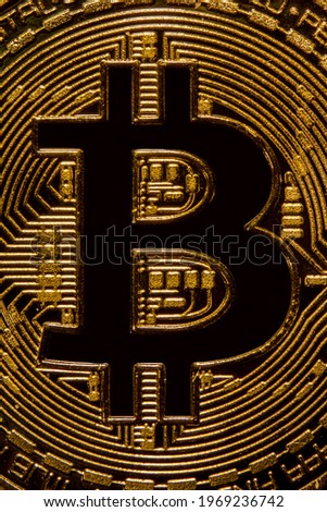 Texture of one golden bitcoin coin in Brazil
