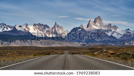 mount fitz roy and cerro torre, in El Chalten, Argentina, seen from the road Royalty-Free Stock Photo #1969238083