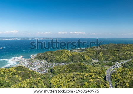 View from the top of Nokogiriyama under blue sky. Nokogiriyama is a mountain in Chiba Prefecture, Japan.