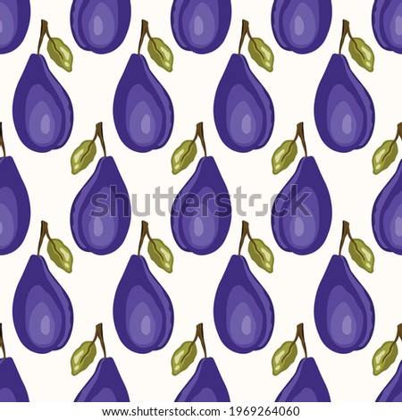 Seamless pattern with plum on white background. Natural delicious fresh ripe tasty fruit. Vector illustration for print, fabric, textile, banner, other design. Stylized plums with leaves. Food concept