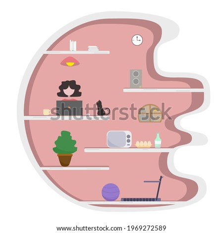 vector illustration. Concept of Work from home in Covid 19 by including a lady playing her computer and a cat by her side, many books, radio, microwave, eggs, bottle, little tree, exercise machine.