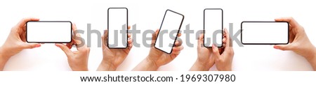 Set of different photos of mobile phone in hand, isolated on white background