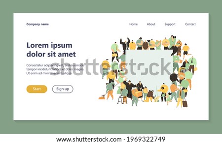Diverse people of different ages, races, occupations standing together. Crowd holding and showing blank banner. Vector illustration for population, multicultural society, community, inclusion concept