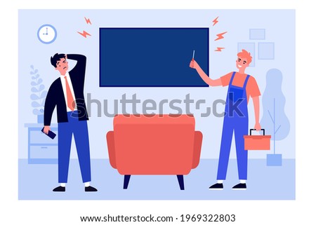 Happy handyman repairing television monitor. Home, screwdriver, repairman flat vector illustration. Service and maintenance concept for banner, website design or landing web page