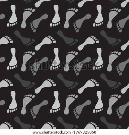 Grey human footprints silhouette paths on black background. Clip-art vector illustration. Seamless pattern.
