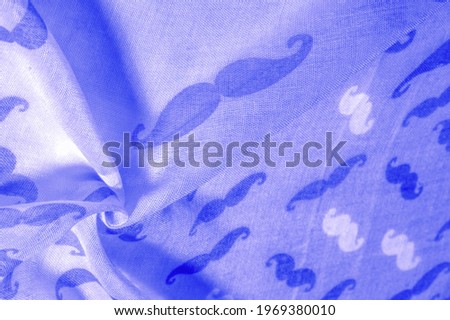 blue silk fabric with painted cartoon mustache, Texture, background, pattern