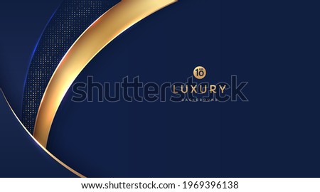 Dark navy blue and gold curve shapes on background with glowing golden striped lines and glitter. Luxury and elegant. Abstract template design. Design for presentation, banner, cover. EPS10 vector Royalty-Free Stock Photo #1969396138