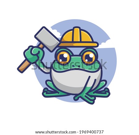 Cute Cartoon Frog worker building a construction holding a hammer and helmet. Animal Cartoon Flat Style Icon illustration Premium Vector Logo