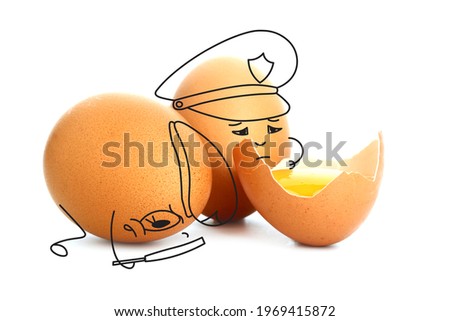 Funny egg policemen investigating a crime scene on white background