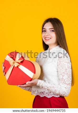 happy valentines day. teen girl hold heart shape box. love and romance. kid with gift. shopping on holidays. time for presents. happy birthday. child with box. best present ever. be my valentine