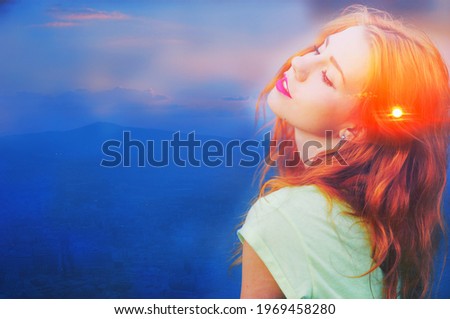 Soul energy, mental health nature body therapy, life power love, calm zen inner peace, wise iq grow concept Happy free young redhead woman, closed eyes red hair head Healthy relax in sunrise sun light Royalty-Free Stock Photo #1969458280