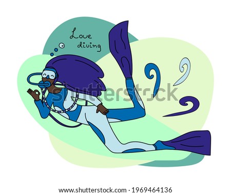 A African woman diver in a mask and fins, in a blue suit shows the Okay sign on abstract shape. Lettering Love diving. Vector illustration for printing on a t-shirt, banner, diving advertising, for