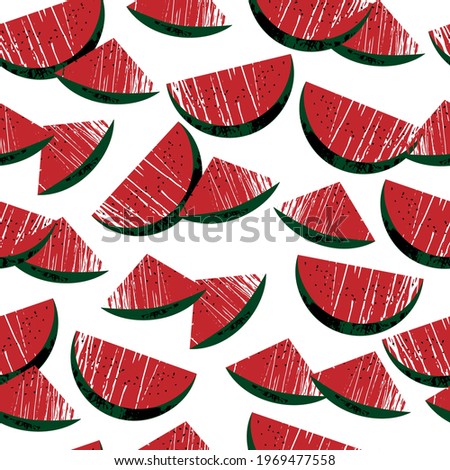 Sliced watermelon textured pattern in cartoon style on a white background. Isolated stock vector illustration with a clipping mask. 