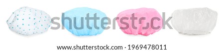 Set with waterproof shower caps on white background. Banner design Royalty-Free Stock Photo #1969478011