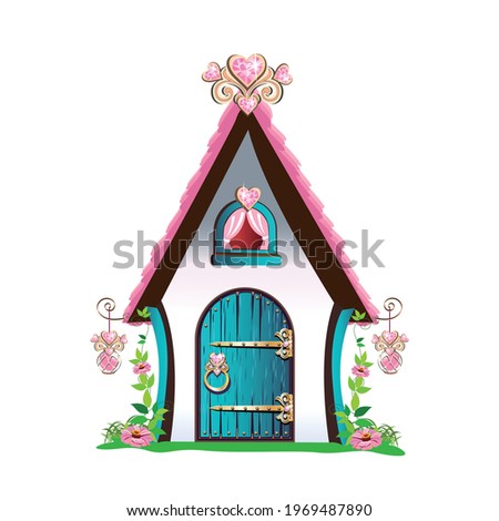 A small house with a pink roof and hearts stands in a flower meadow. Fairy tale background vector illustration in cartoon style isolated on white background.