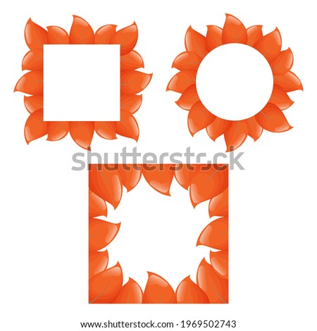 Set of cute round and square frame templates with colorful leaves and copy space. White background. Flat style illustration.