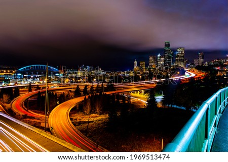 Night city view of Seattle city scape at night time,Long Exposure picture of Downtown Seattle,WA,  USA.